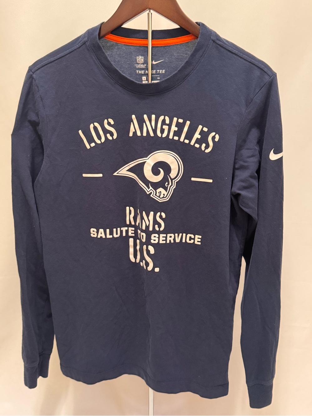 Nike Navy Los Angeles Rams Long-Sleeve Tee with White Print adult small.